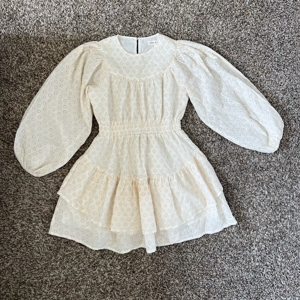 Just Me Tiered Cottage Core Puffy Long Sleeve Mini Dress - Picture 3 of 7